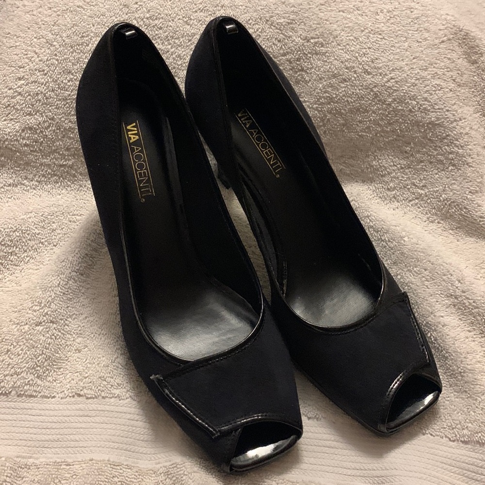 Via Accenti Black Peep Toe Heels, size 10 1/2 W.